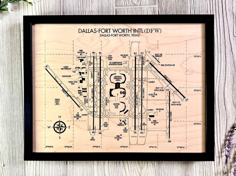Perfect pilot gift for your aviation enthusiast.  This is the 12x16 sized framed airport diagram of DFW airport which shows all the intricacies of one of the busiest airports in the United States!