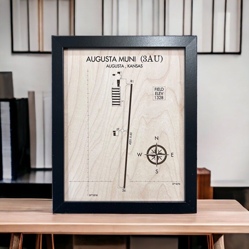 Perfect aviation gift for your aviation enthusiast.  This is the 8x10 sized framed airport diagram of Augusta Muni airport, showing all the intricacies of a simple single runway airport.  We have the ability to to essentially any US airport!