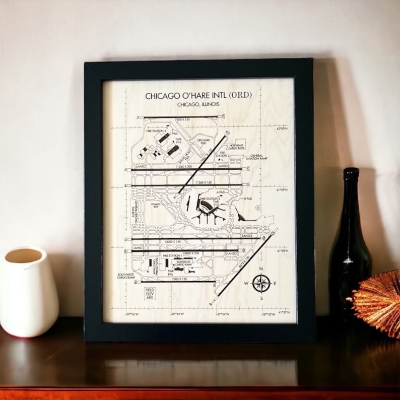 Perfect aviation gift for your aviation enthusiast.  This is the 16x20 sized framed airport diagram of the famous ORD airport, showing all the intricacies of one of the busiest airports in the United States