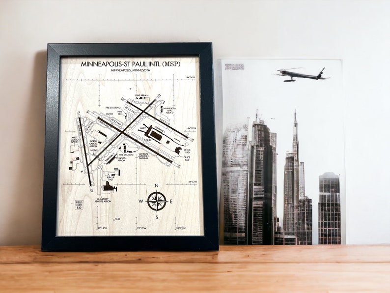 8x10 Airport Diagram which is the perfect aviation gift for your aviation enthusiast.  This is the 8x10 sized framed airport diagram of MSP airport, showing all the intricacies of one of the busier airports in the United States!