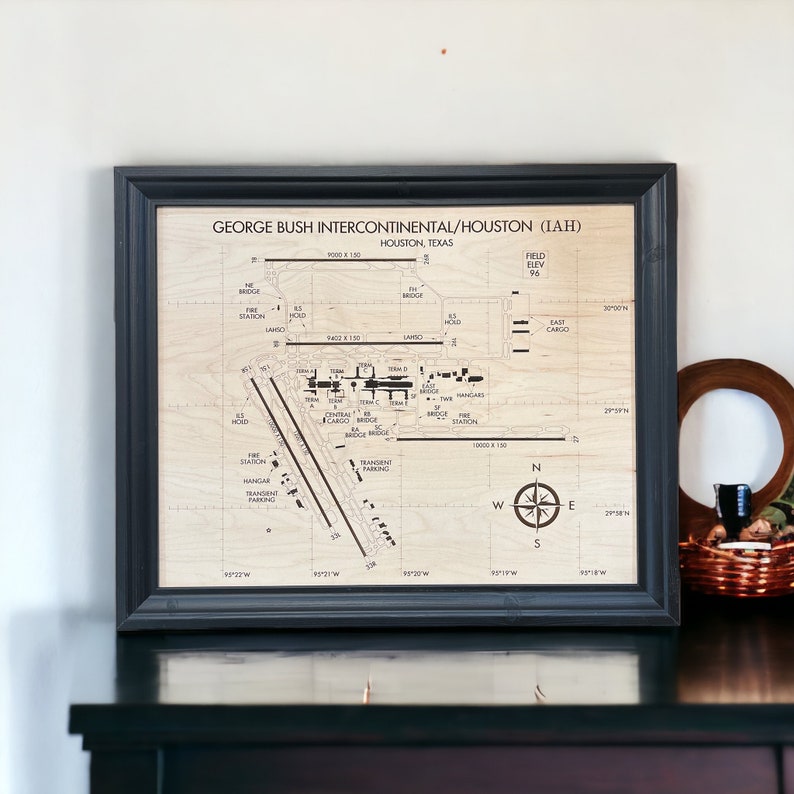 Perfect aviation gift for your aviation enthusiast.  This is the 16x20 sized framed airport diagram of IAH airport, showing all the intricacies of one of the busier airports in the United States!