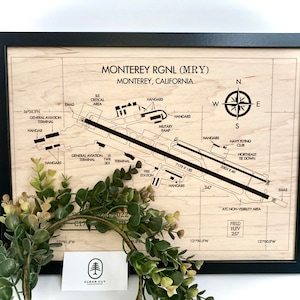 12x16 Airport Diagram which is the perfect aviation gift for your aviation enthusiast.  This is the 12x16 sized framed airport diagram of MRY airport, showing all the taxiways and hangers in detailed fashion.