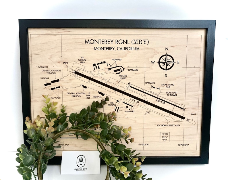 12x16 Airport Diagram which is the perfect aviation gift for your aviation enthusiast.  This is the 12x16 sized framed airport diagram of MRY airport, showing all the taxiways and hangers in detailed fashion.