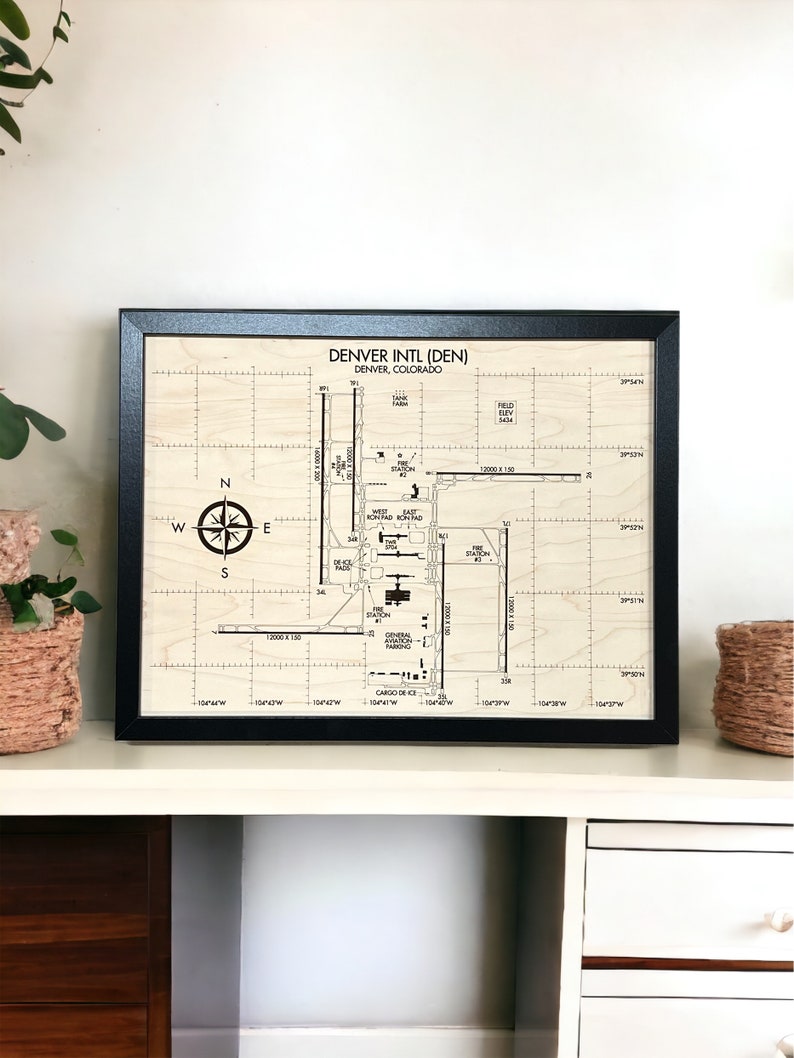 Airport Diagram for your gift to your aspiring or current pilot.  This is the 12x16 sized framed airport diagram of DEN airport, showing all the intricacies of one of the busier airports in the United States