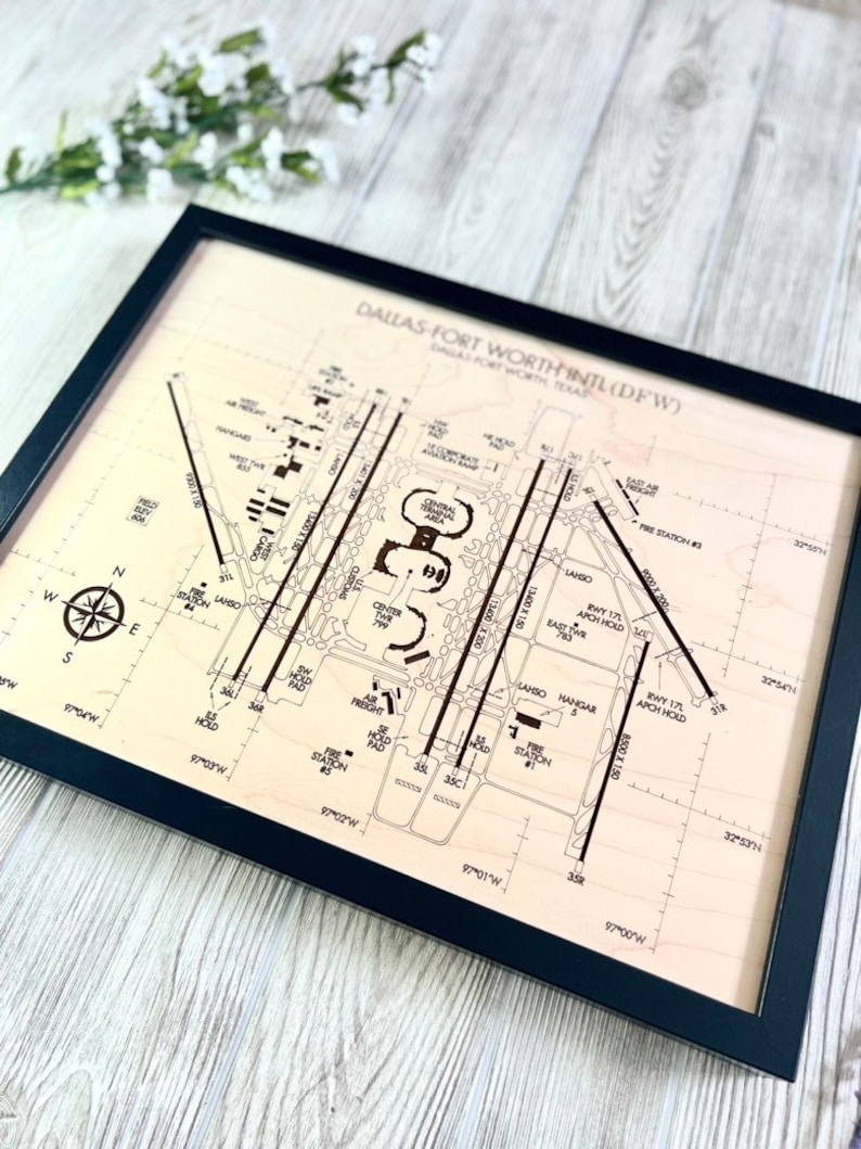 Perfect pilot gift for your aviation enthusiast.  This is the 12x16 sized framed airport diagram of DFW airport which shows all the intricacies of one of the busiest airports in the United States!
