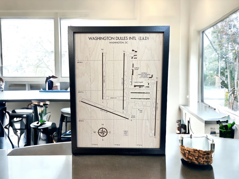 Gift your pilot the perfect aviation plaque.  This is the 12x16 sized framed airport diagram which shows all the intricacies of Dulles Airport.