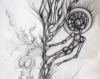 May include: A black and white pencil drawing of a stylized human figure climbing a tree with intricate branches and a circular design on its head.