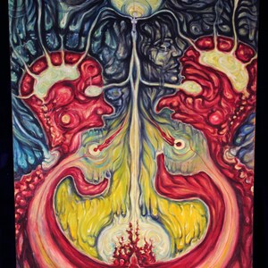 May include: Abstract painting with a central, vertical, white line. The painting is dominated by red, yellow, and blue colors. The painting has a symmetrical design with two figures at the bottom.