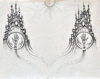 May include: A black and white ink drawing of two symmetrical structures with an eye inside a hand at the center of each structure. The structures are made up of intricate lines and shapes that resemble a castle or a building. The drawing is on a white background.