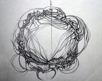 May include: A black and white ink drawing of a circular, intricate design with a central vertical line. The design features a series of interconnected lines and shapes that resemble a web or a network.