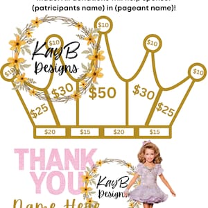 May include: A gold crown with yellow flowers and the text "Kay B Designs" is divided into sections with different donation amounts. The text "HELP COLOR MY PAGEANT CROWN!" is at the top of the image. The text "THANK YOU" is in pink glitter with yellow flowers. The text "Name Here" is below the text "THANK YOU". The text "VENMO: @ CASHAPP: $ " is at the bottom of the image.
