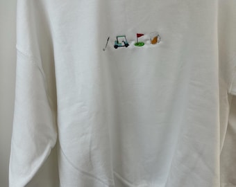 brodé Golf - Col rond voiturette de golf et bière | Cadeau de golf amusant | Sweat-shirt unisexe à broderie minimaliste