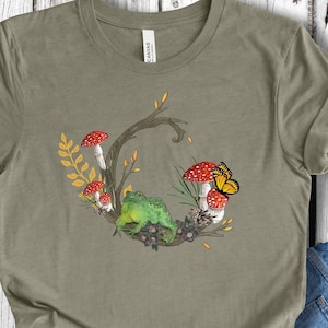 Adorable Tree Frog Shirt with Cottagecore Mushrooms tshirt