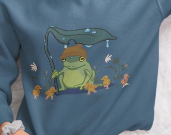 Frog with hat and Baby Ducks Rainy Day Sweatshirt, Cottagecore sweatshirt