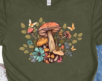 Colorful Cottagecore Mushroom T-Shirt with Butterflies & Snails - Nature Lover's Tee