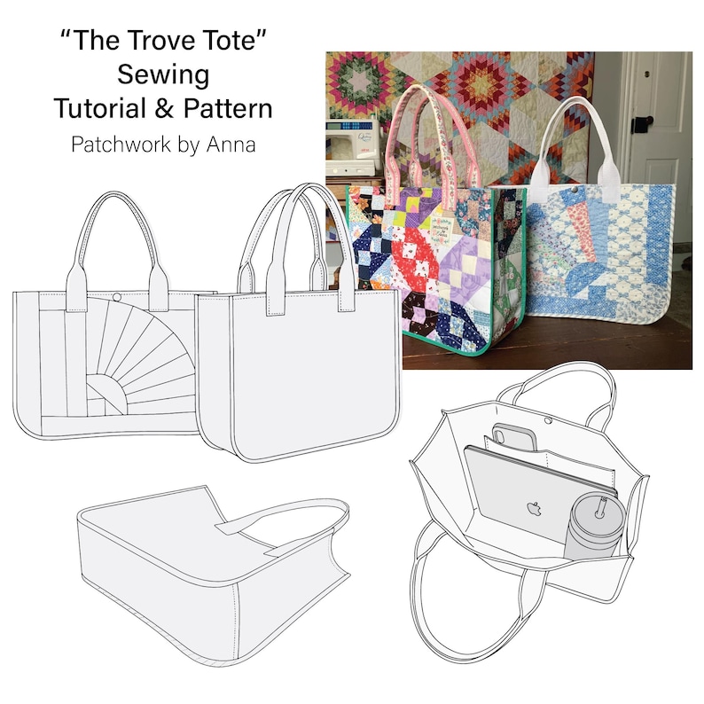 Quilted Tote Bag Sewing Pattern Templates Instructions PDF Bias Binding ...