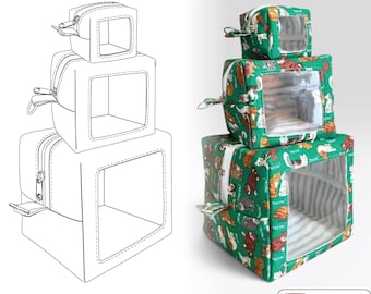 The Peek-a-Cube Trio Nähmuster Anleitung Vorlagen PDF Boxy Reißverschlusstasche mit klarem Vinyl Fenster Video Tutorial Bedarf Organizer