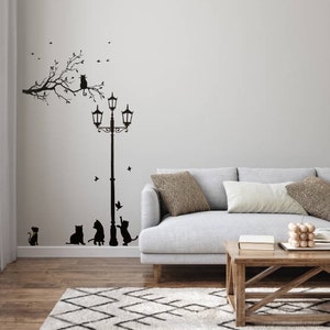 Svart nattlampa med svart katt väggdekaler för sovrum, svart väggdekal, svart katt väggkonst, abstrakt väggdekal vinyl träd väggdekaler…