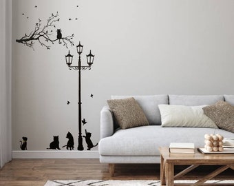 Black Night Light with Black Cat Wall Decals for Bedroom, Black Wall Decal, Black Cat Wall Art, Abstract Wall Decal Vinyl Tree Wall Decals…