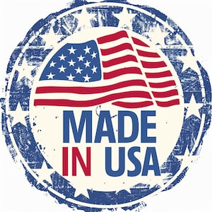 May include: A distressed, circular stamp design featuring the American flag in red, white, and blue. The words "MADE IN USA" are prominently displayed in a bold, navy blue font, with "IN" in red. The stamp is surrounded by a border of white stars.