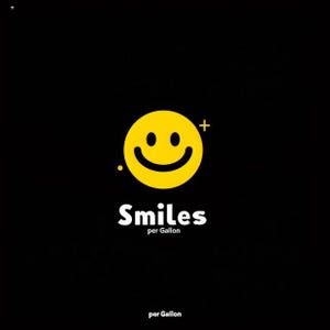 May include: A yellow smiley face with a black outline and a plus sign above it. The text "Smiles per Gallon" is below the smiley face.