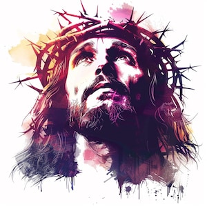 Op de afbeelding: Een digitale schildering van een man met een doornenkroon op zijn hoofd. De schildering is gemaakt in aquarelstijl met tinten paars, roze en blauw.