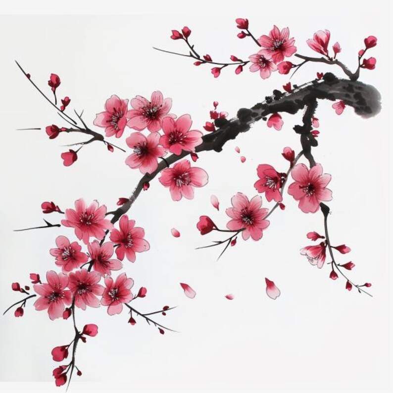 May include: Watercolor painting of a cherry blossom branch with pink flowers and buds. The branch is dark, and the flowers have delicate petals. Several petals are falling, creating a sense of movement.