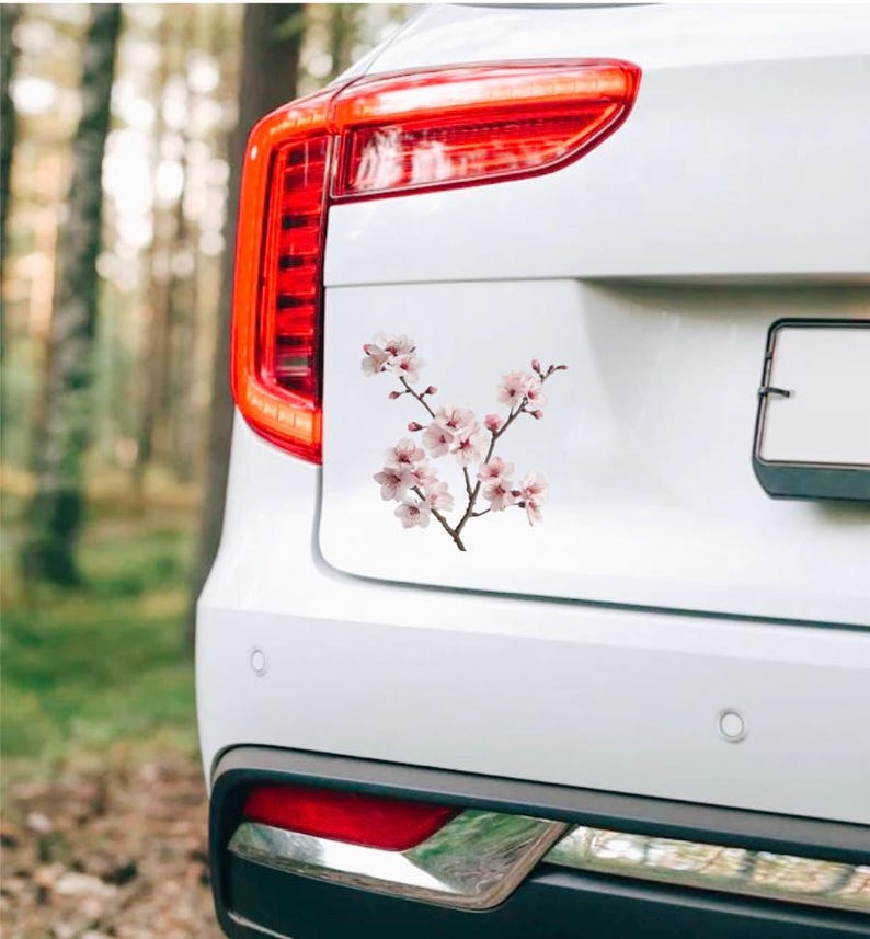 May include: A white car's rear with a cherry blossom branch sticker. The sticker features delicate pink flowers and brown branches. The car's taillight is red, and the background is a blurred forest.