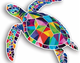 Sticker voiture tortue colorée. Sticker animal océan géométrique vibrant pour fenêtre, ordinateur portable, pare-chocs. Décoration tortue imperméable style plage tropicale