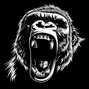 May include: Black and white illustration of a gorilla with its mouth open, showing its teeth. The gorilla's fur is detailed and the image is set against a black background.