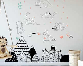 May include: Black and white dinosaur wall decals with a mountain and house design. The decals feature a variety of dinosaurs, including a triceratops, stegosaurus, and brachiosaurus. The decals are perfect for adding a fun and whimsical touch to any child's room.