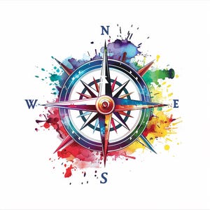 May include: A colorful watercolor compass with a blue, red, yellow, and green design. The compass points north, south, east, and west.