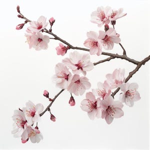 May include: A close-up of a flowering cherry blossom branch with delicate pink petals and dark red centers. The blossoms are in various stages of bloom, with some buds still closed. The branches are brown against a white background.