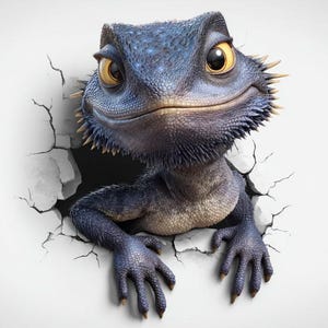 May include: A cartoon-style image of a blue lizard emerging from a white wall. The lizard has large yellow eyes and a friendly expression. Its arms and hands are extended, creating a 3D effect. The lizard has spiky protrusions.