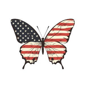 May include: A butterfly illustration with wings designed as the American flag. The left wing features a navy blue section with white stars, while the right wing displays red and white stripes. The butterfly is set against a white background.