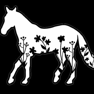 Bildekal med vit silhuett av häst i rörelse och blommönster, Cowboys Western ikoniskt djur i vinyl, stötfångare, bakre del, fönster, bagageutrymme