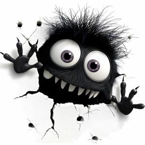 May include: A black furry monster with large white eyes and sharp teeth peeks out from a cracked white wall. The monster has black claws and is reaching out with both hands.