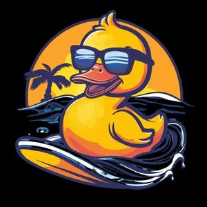 May include: A yellow rubber duck wearing sunglasses is riding a surfboard on a wave. The duck is smiling and has a happy expression. The background is a sunset with a palm tree.
