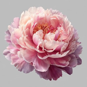 Könnte beinhalten: Nahaufnahme einer voll erblühten Pfingstrose. Die Blütenblätter zeigen ein Spektrum von Rosa, von hell bis dunkel, mit violetten Akzenten. Im Zentrum sind gelbe Staubgefäße zu sehen. Der Hintergrund ist einfarbig grau, was die Blume hervorhebt.