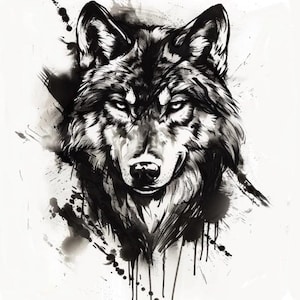 May include: A black and white illustration of a wolf's head, rendered in a detailed, artistic style. The image features a close-up of the wolf's face, with intense eyes and a fur texture. Splatter effects add a dynamic touch.