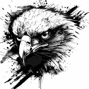 以下が含まれることがあります： 鋭い視線を持つワシの頭部の白黒イラスト。ダイナミックなペイントスプラッター効果が特徴です。このアートワークは、ワシの力強さと集中力を捉えています。