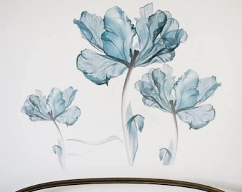 青い花のウォールデカール、花柄の剥がして貼れるビニール、青い花の植物の花、ガーデンウォールデコレーション、花柄の壁紙