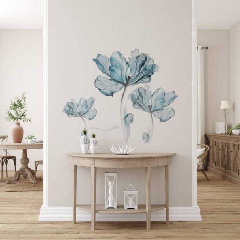 Blue Flower Wall Decal, Floral Peel and Stick Removable Vinyl, Bule ...