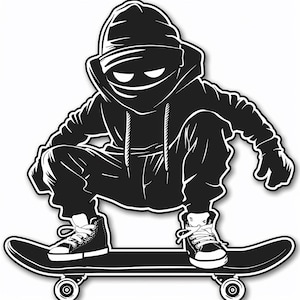 Street Style Skateboarder Sticker. Black Hoodie Masked Skater Vinyl Decal for Cars, Trucks, Laptops, Skateboards, Tumblers, Windows etc.