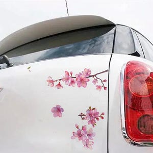 May include: White car adorned with a floral decal of pink cherry blossoms. The decal is applied to the rear of the car, with the blossoms and branches spread across the surface. The car's red taillight is visible.