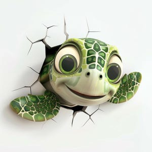 May include: A cartoon sea turtle with a green shell and big eyes peeks out from a cracked white wall. The turtle has a friendly smile and is looking directly at the viewer.