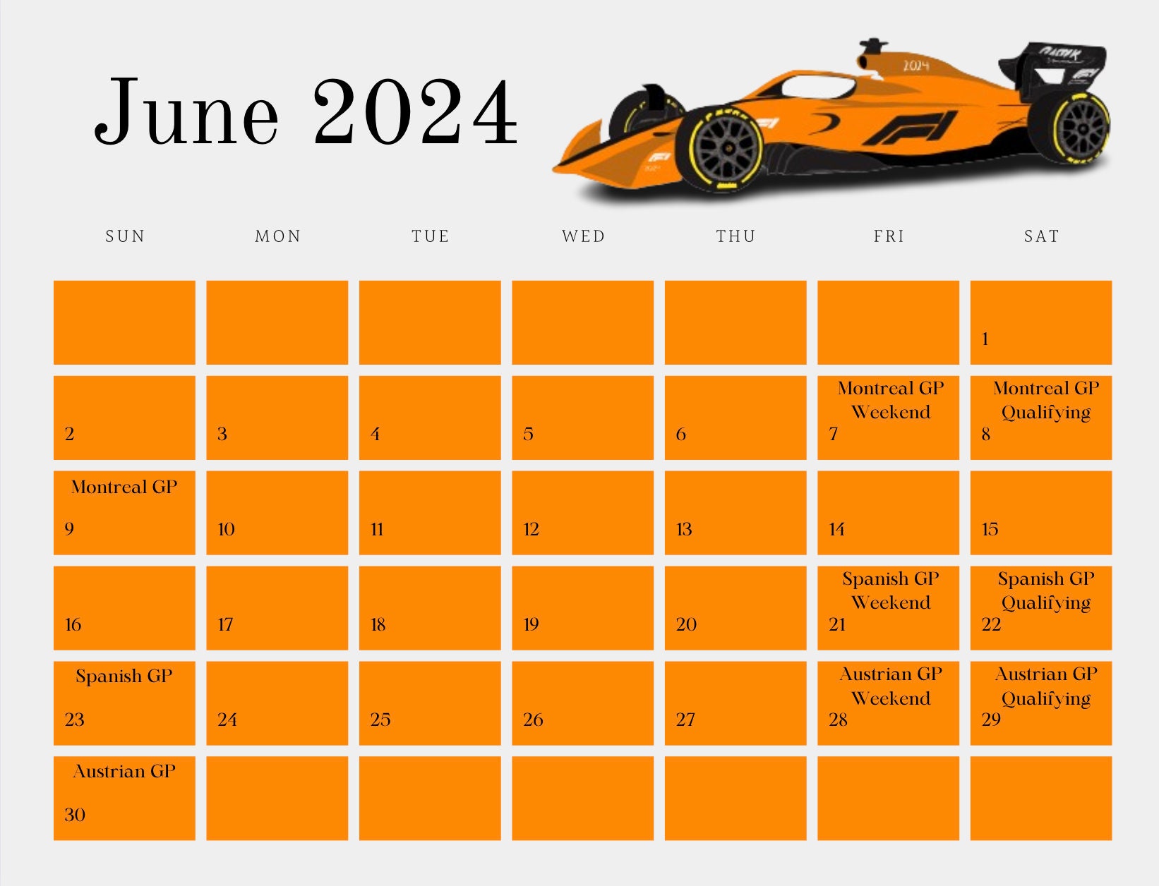 Formula 1 2024 Calendar, F1 Printable 2024 Calendar, Digital F1 Planner
