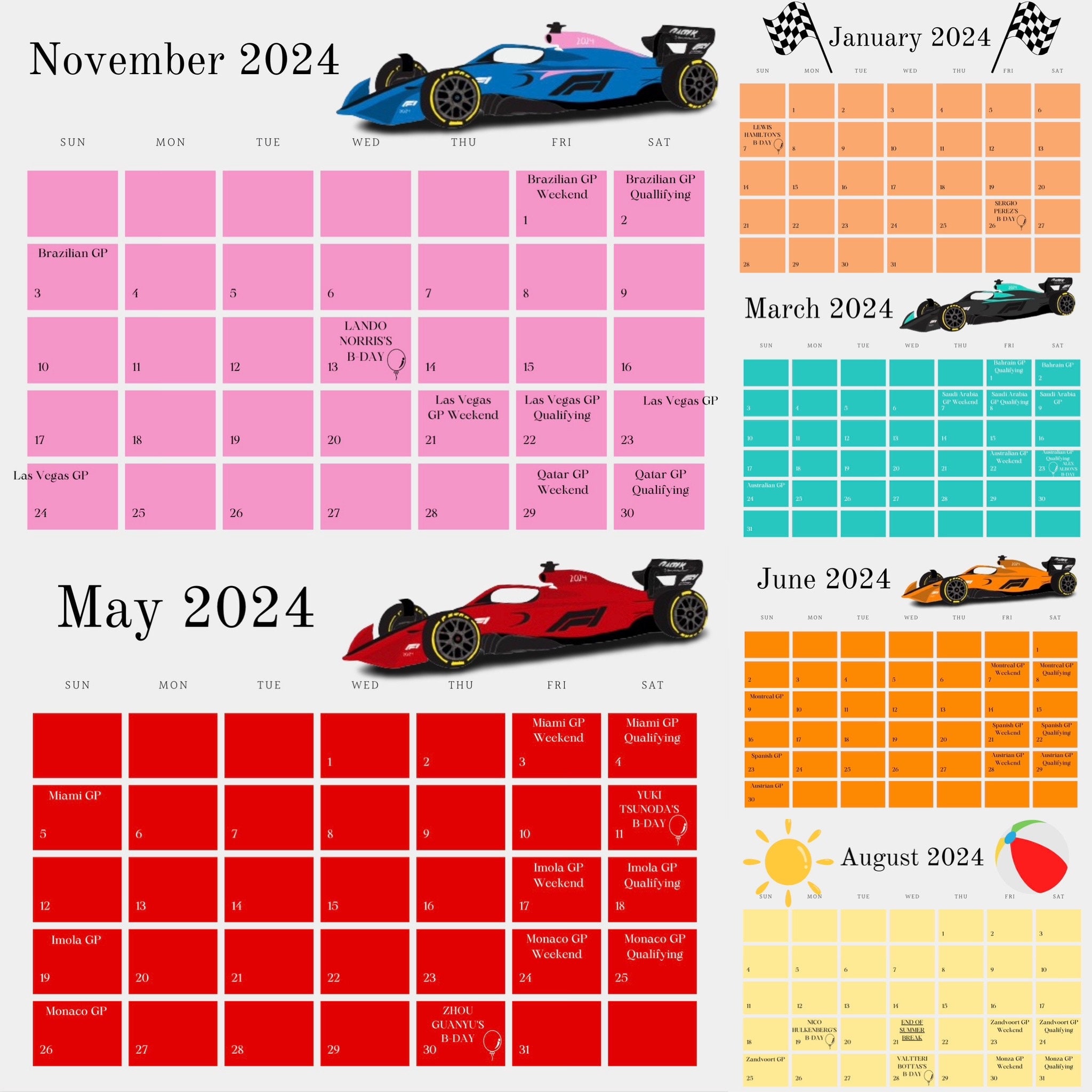 Formula 1 2024 Calendar, F1 Printable 2024 Calendar, Digital F1 Planner, Digital F1 Calendar
