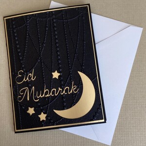 Cartes Eid Mubarak faites main | Cartes de voeux de l'Aïd | Blanc à l'intérieur | Carte Lune | Noir, feuille d'or, gaufré | paquet de cartes, cartes islamiques