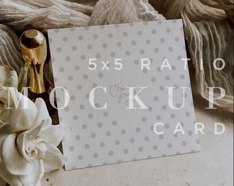 Neutral Wedding Square Invitation Mockup, Minimal Square Card Mock Up, Digital Download, Square Stationery Flat Lay Card, Smart Object 019